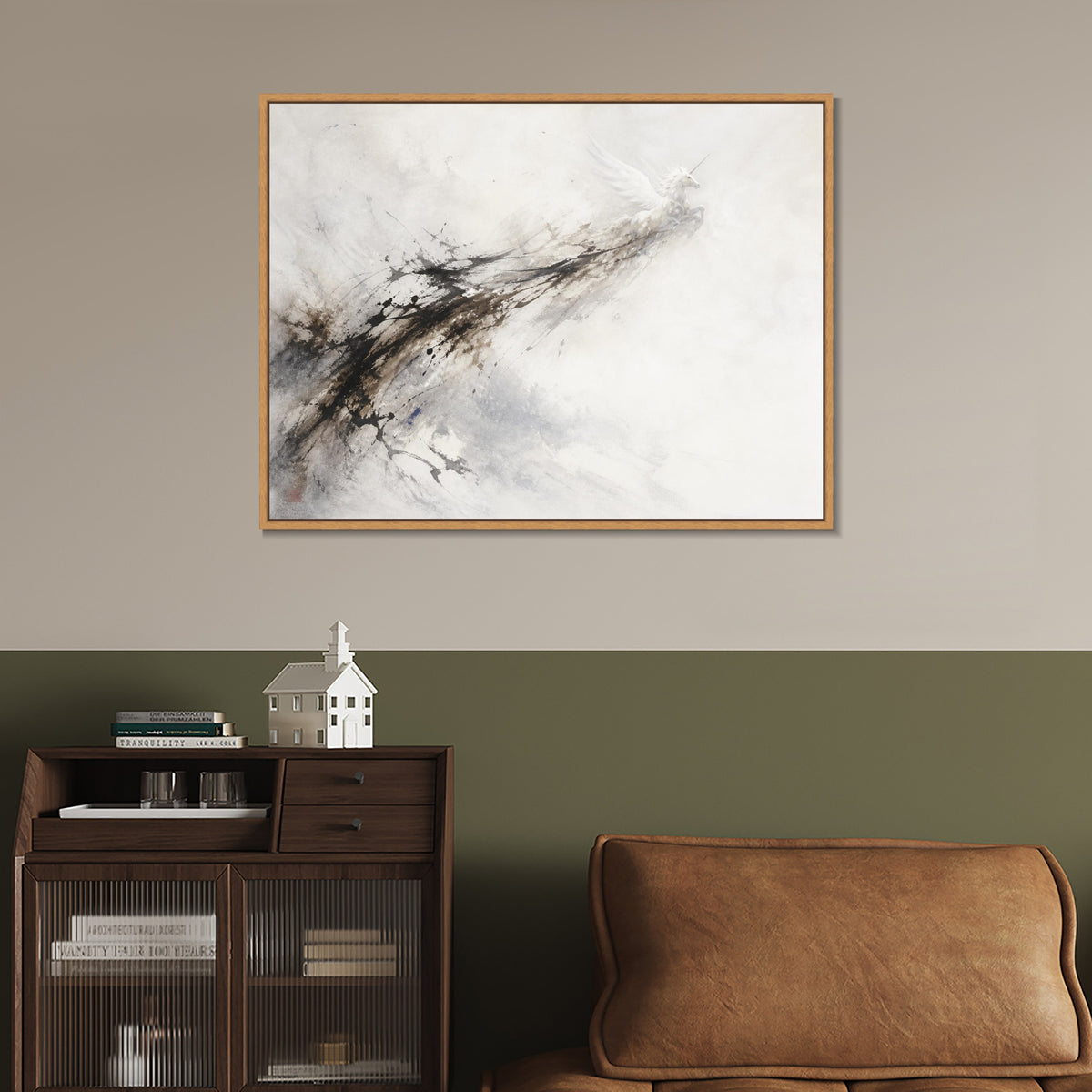 INVIN ART Framed Canvas 100% Handpainted Oil Painting Unicorn in Ink and Mist Wall Art