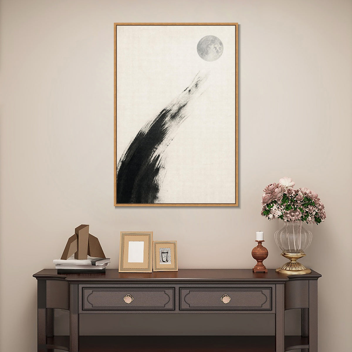 INVIN ART Framed Canvas 100% Handpainted Oil Painting Moon Descending into White Wall Art