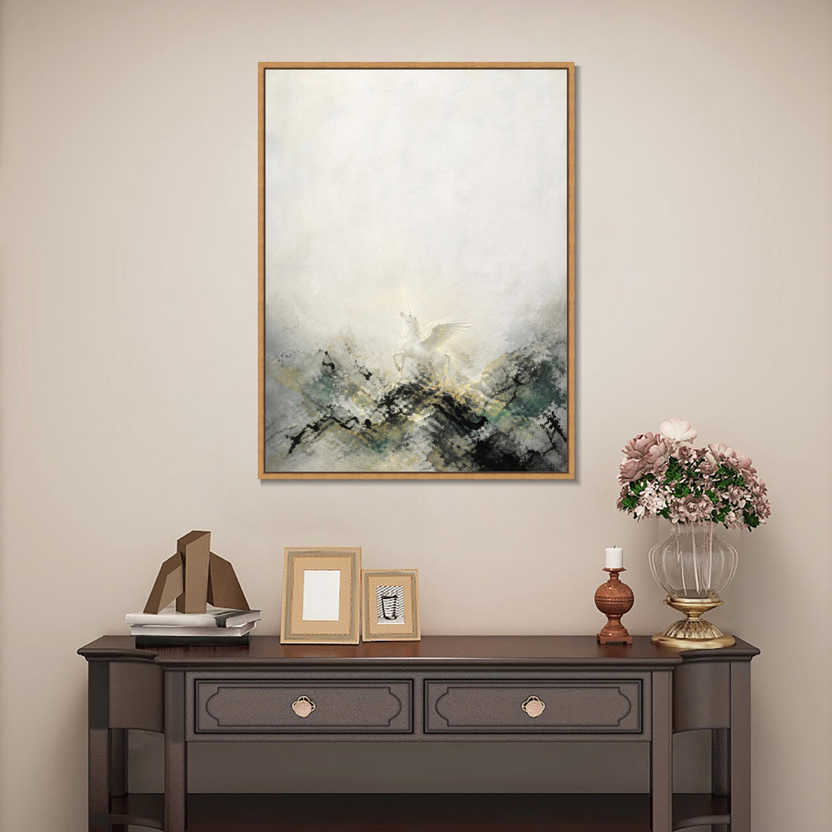 INVIN ART Framed Canvas 100% Handpainted Oil Painting Winged Unicorn Above Misty Hills Wall Art