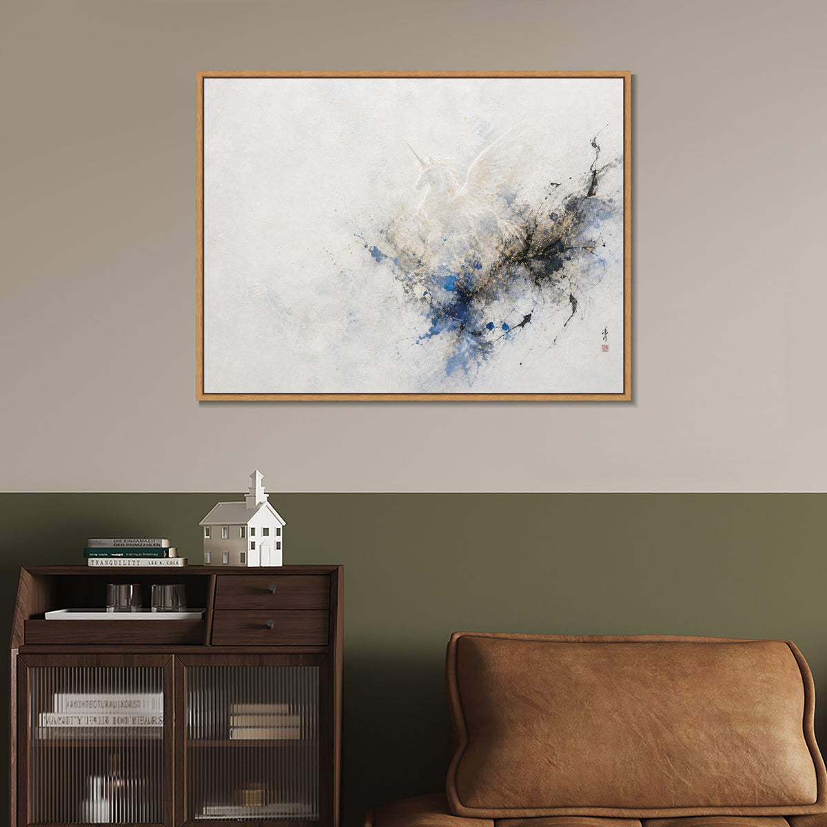 INVIN ART Framed Canvas 100% Handpainted Oil Painting Unicorn in Blue and Gold Mist Wall Art
