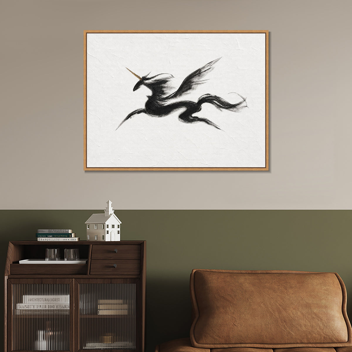 INVIN ART Framed Canvas 100% Handpainted Oil Painting Unicorn in Sweeping Black Lines Wall Art