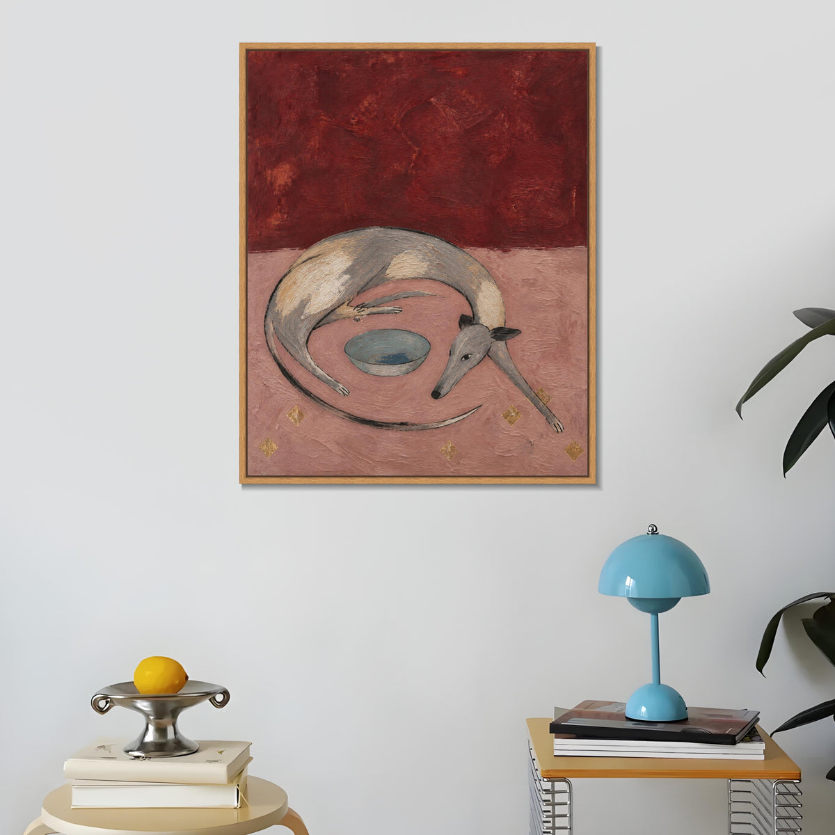 INVIN ART Framed Canvas 100% Handpainted Oil Painting Resting Dog and the Bowl Wall Art