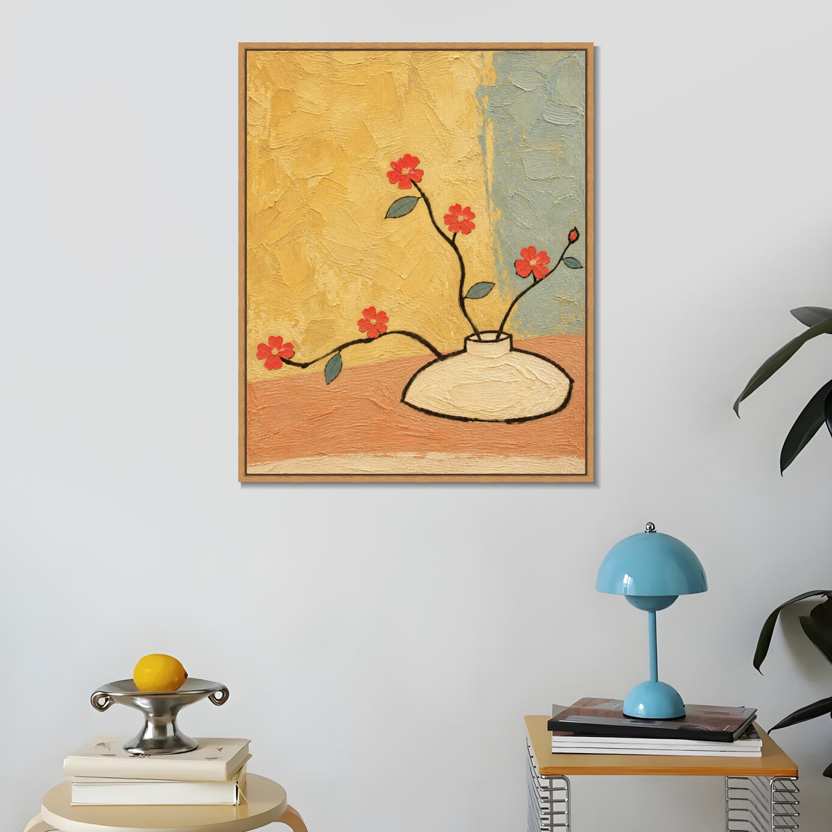 INVIN ART Framed Canvas 100% Handpainted Oil Painting Red Flowers Against Yellow Wall Art