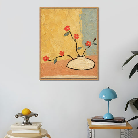 INVIN ART Framed Canvas 100% Handpainted Oil Painting Red Flowers Against Yellow Wall Art
