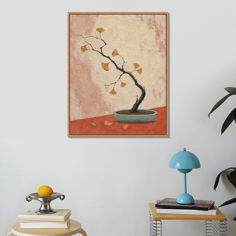 INVIN ART Framed Canvas 100% Handpainted Oil Painting Ginkgo Branch in a Shallow Pot Wall Art