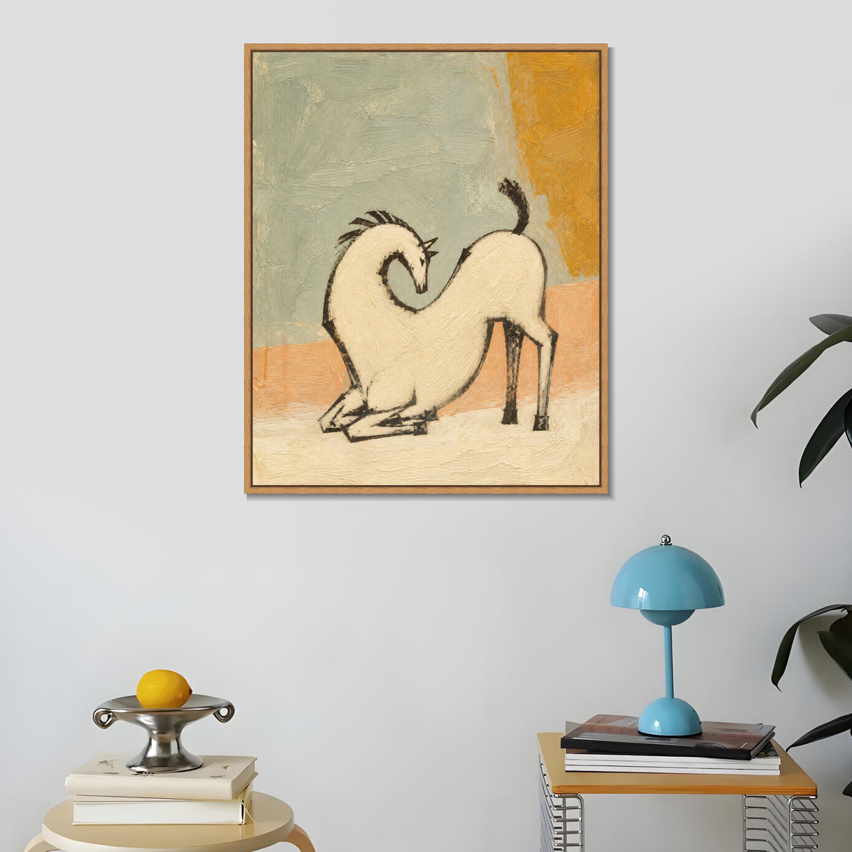 INVIN ART Framed Canvas 100% Handpainted Oil Painting White Horse with a Curved Neck Wall Art