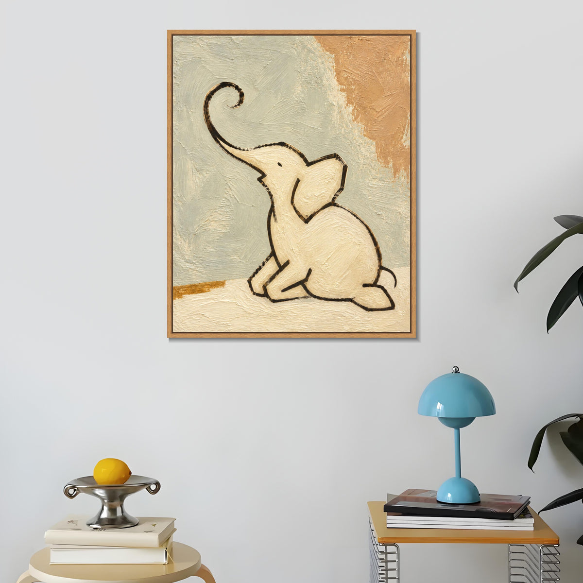 INVIN ART Framed Canvas 100% Handpainted Oil Painting Elephant with a Raised Trunk Wall Art