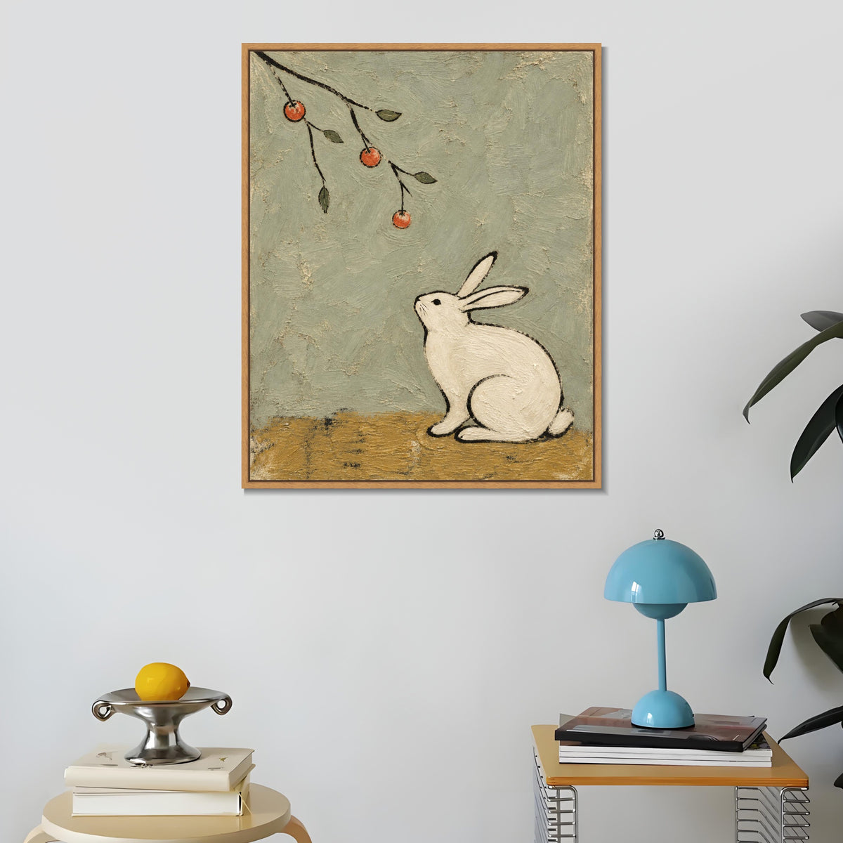 INVIN ART Framed Canvas 100% Handpainted Oil Painting Rabbit Beneath the Fruit Branch Wall Art