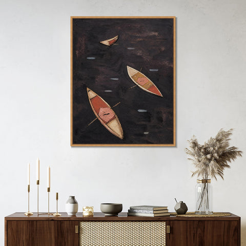 INVIN ART Framed Canvas 100% Handpainted Oil Painting Three Boats on Dark Water Wall Art