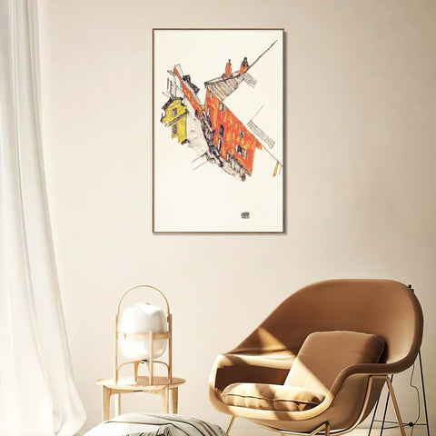 INVIN ART Framed Canvas Giclee Print House by Egon Schiele Wall Art Living Room Home Office Decorations