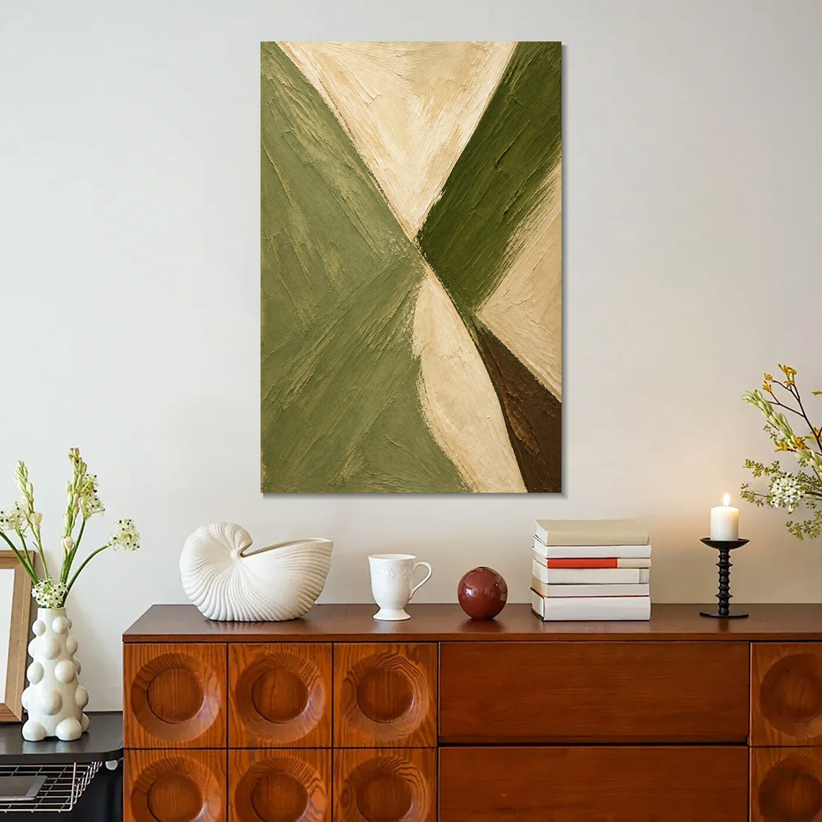 INVIN ART Framed Canvas 100% Handpainted Oil Painting Crossing Green Bands Wall Art