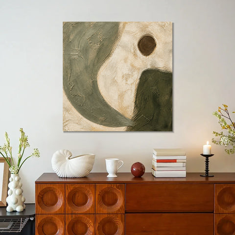INVIN ART Framed Canvas 100% Handpainted Oil Painting Curves and a Brown Circle Wall Art