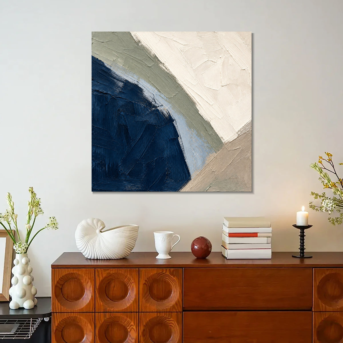 INVIN ART Framed Canvas 100% Handpainted Oil Painting Deep Blue Curved Shore Wall Art
