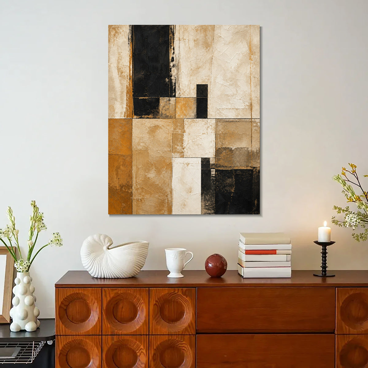 INVIN ART Framed Canvas 100% Handpainted Oil Painting Sand and Black Grid Wall Art