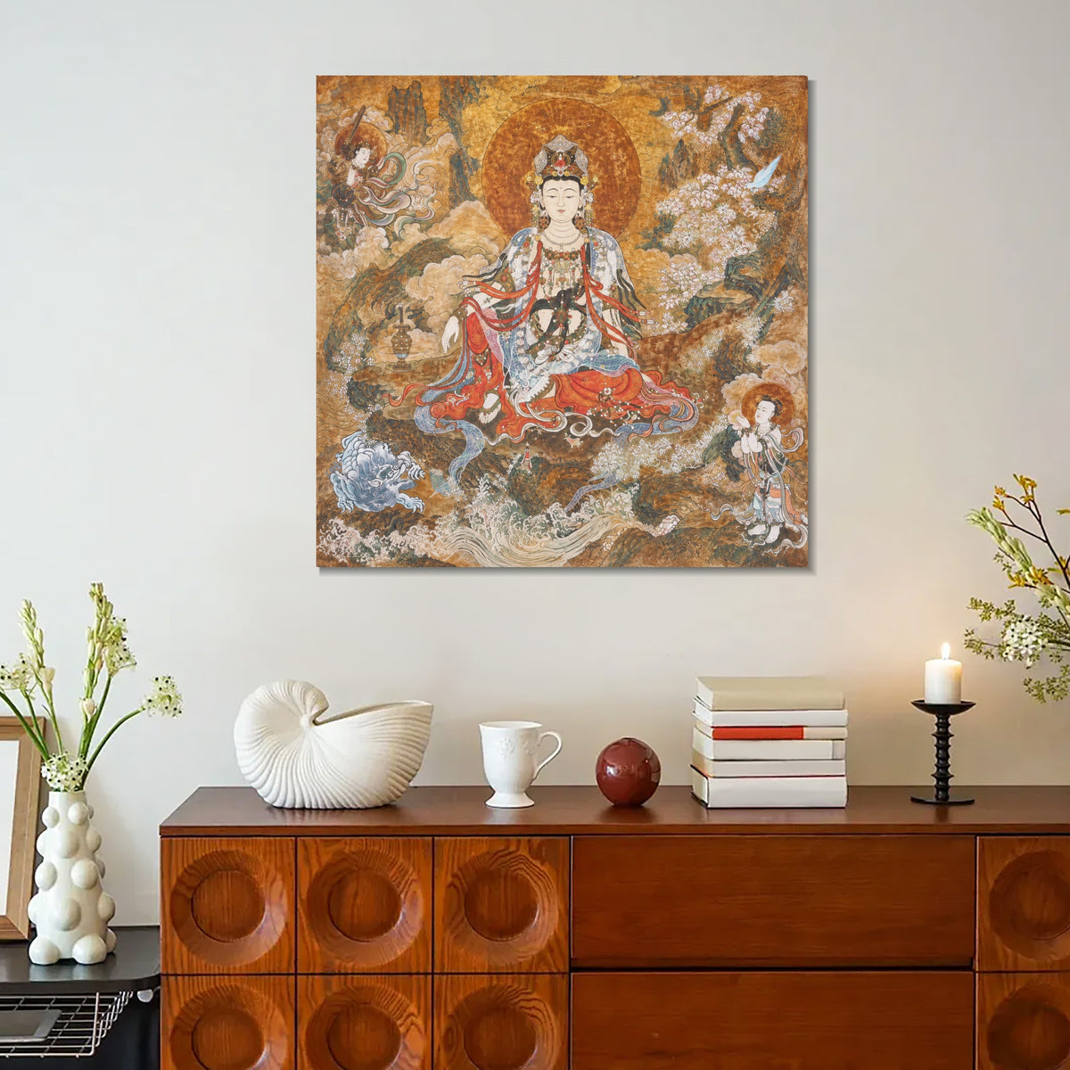 INVIN ART Framed Canvas 100% Handpainted Oil Painting Guanyin Among Blossoms Wall Art