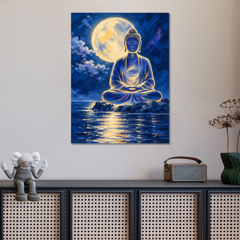 INVIN ART Framed Canvas 100% Handpainted Oil Painting Buddha Beneath the Full Moon Wall Art