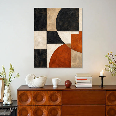 INVIN ART Framed Canvas 100% Handpainted Oil Painting Black and Rust Arc Grid Wall Art
