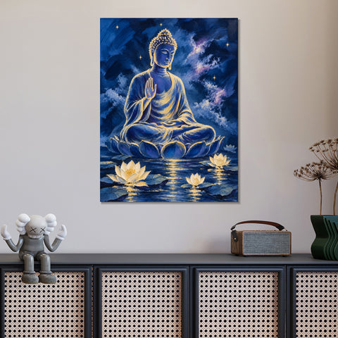 INVIN ART Framed Canvas 100% Handpainted Oil Painting Buddha Above the Lotus Pool Wall Art