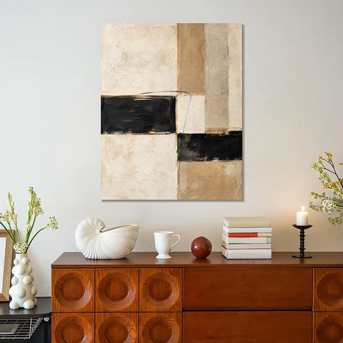 INVIN ART Framed Canvas 100% Handpainted Oil Painting Black Bands and Sand Columns Wall Art