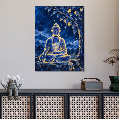 INVIN ART Framed Canvas 100% Handpainted Oil Painting Buddha Beneath the Night Tree Wall Art