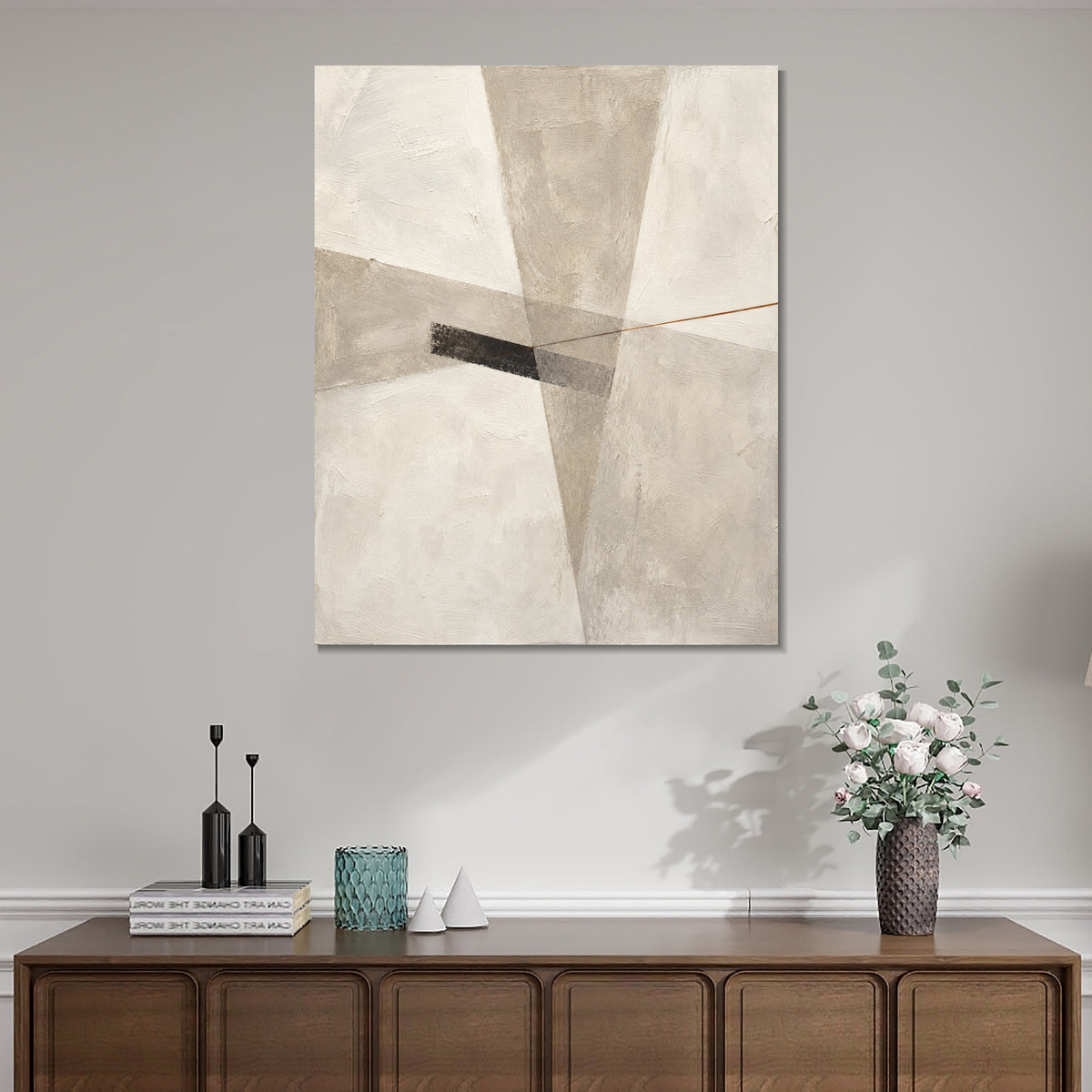INVIN ART Framed Canvas 100% Handpainted Oil Painting Intersecting Gray Planes Wall Art