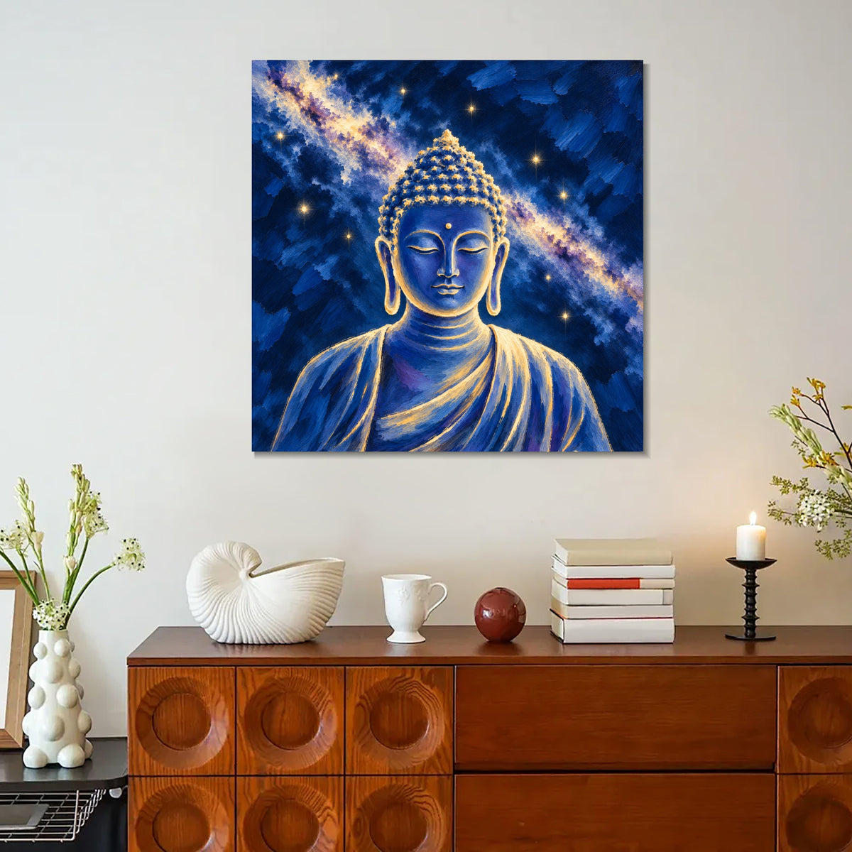 INVIN ART Framed Canvas 100% Handpainted Oil Painting Buddha in the Starry Sky Wall Art