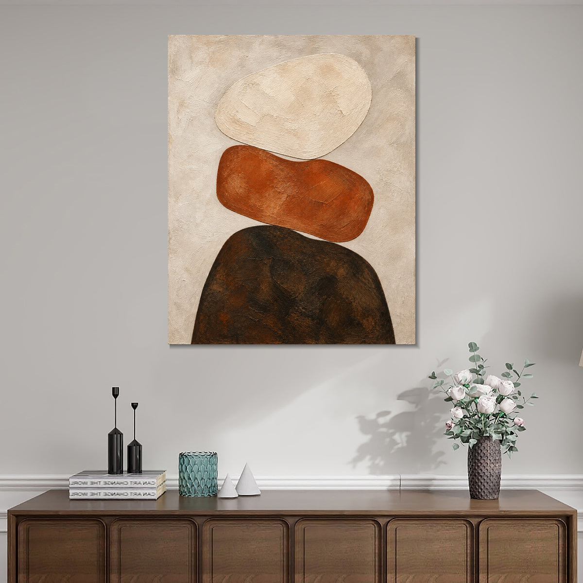 INVIN ART Framed Canvas 100% Handpainted Oil Painting Stacked Stone Shapes Wall Art