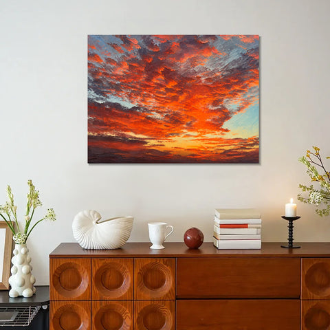INVIN ART Framed Canvas 100% Handpainted Oil Painting Ember Clouds at Dusk Wall Art