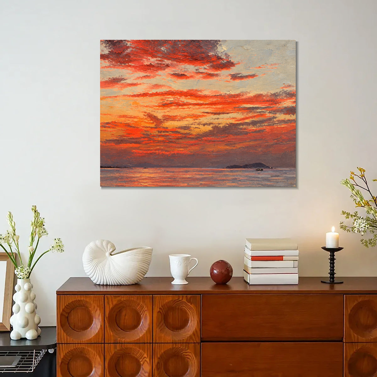 INVIN ART Framed Canvas 100% Handpainted Oil Painting Crimson Evening Over the Sea Wall Art