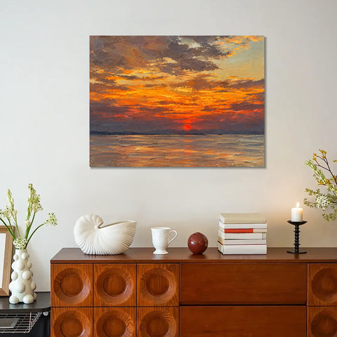 INVIN ART Framed Canvas 100% Handpainted Oil Painting Golden Sunset Reflections Wall Art