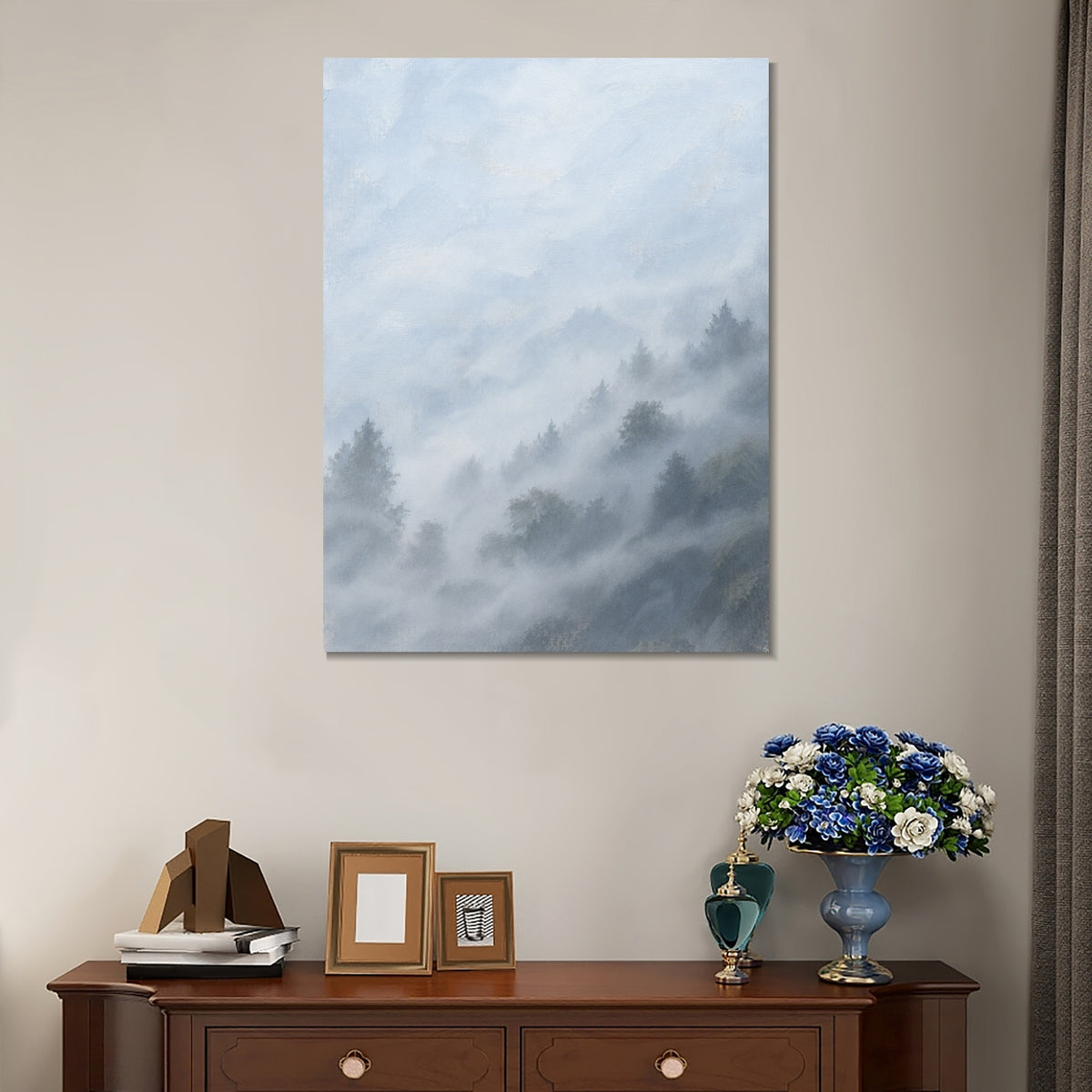 INVIN ART Framed Canvas 100% Handpainted Oil Painting Forest Slopes in Mist Wall Art
