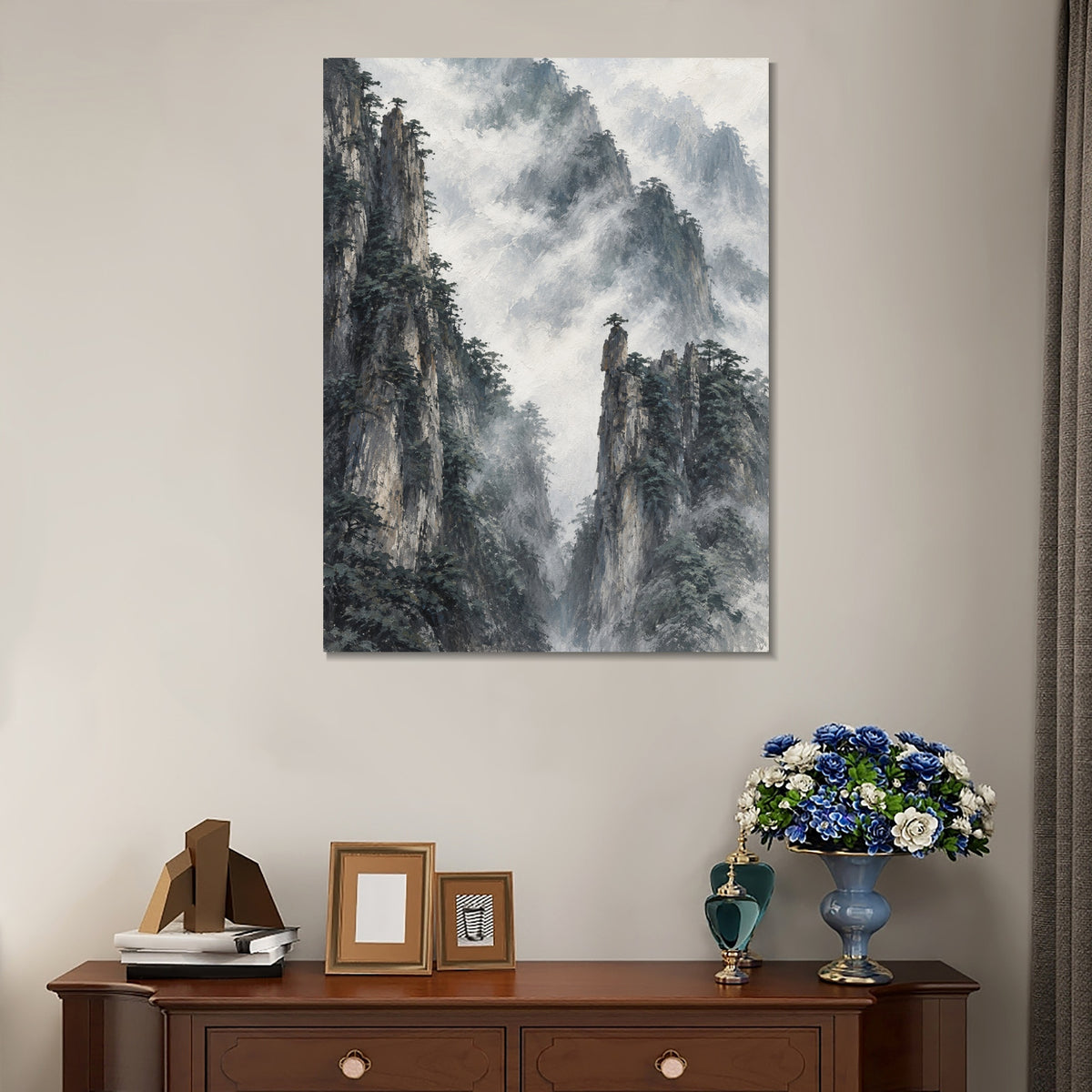 INVIN ART Framed Canvas 100% Handpainted Oil Painting Clouds Around Stone Peaks Wall Art