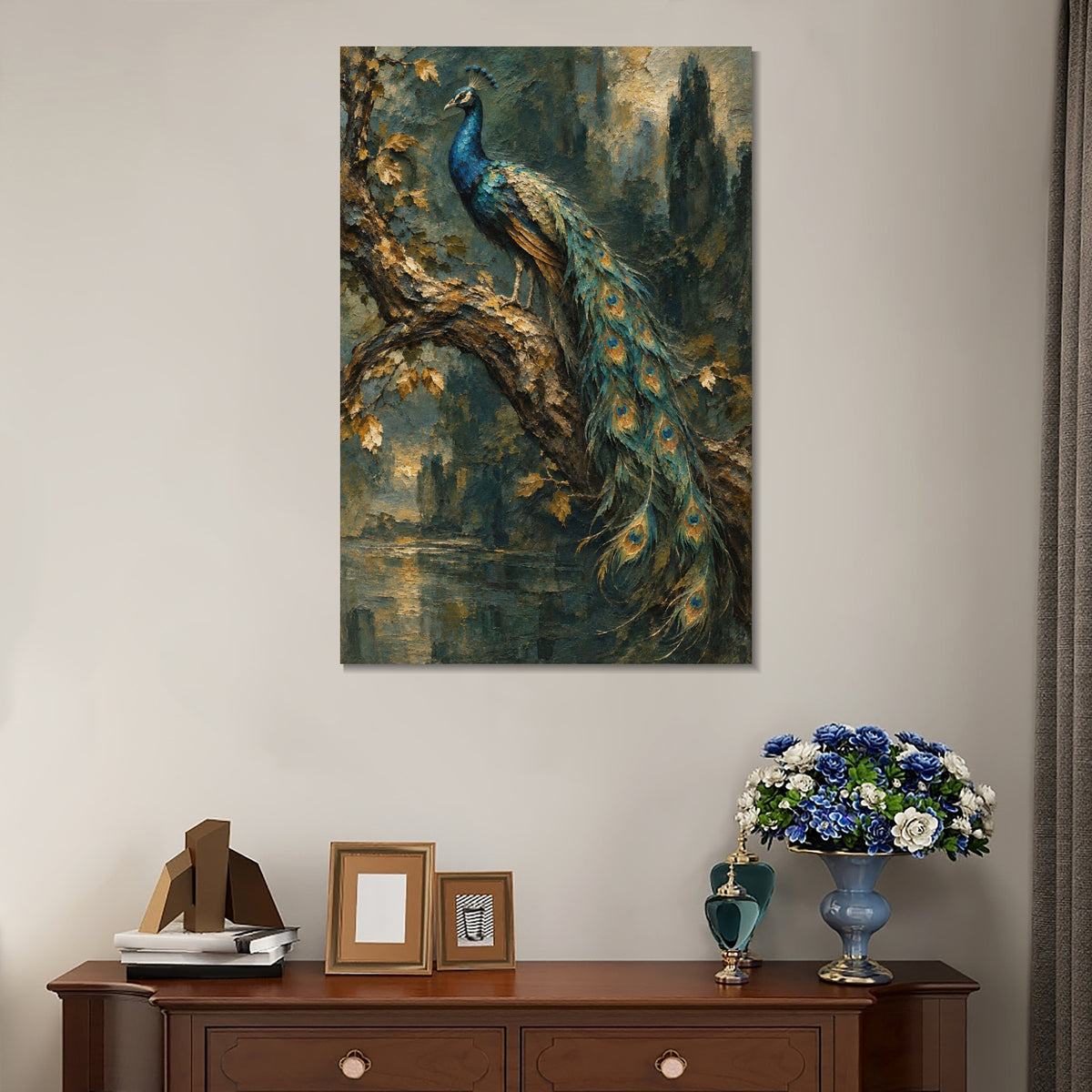 INVIN ART Framed Canvas 100% Handpainted Oil Painting Peacock on a Woodland Branch Wall Art