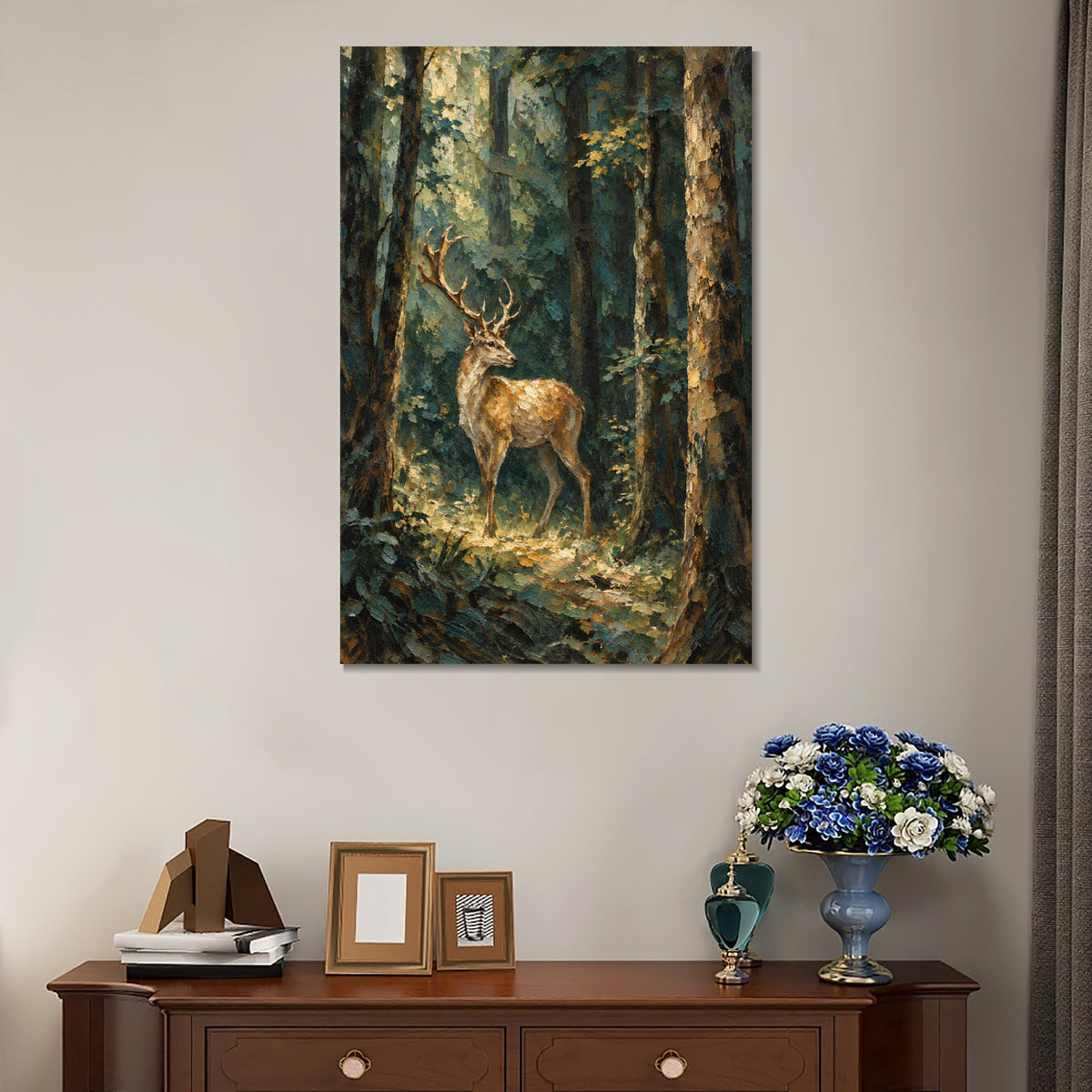 INVIN ART Framed Canvas 100% Handpainted Oil Painting Stag in the Forest Light Wall Art