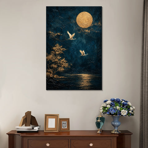 INVIN ART Framed Canvas 100% Handpainted Oil Painting Two Birds Beneath a Golden Moon Wall Art