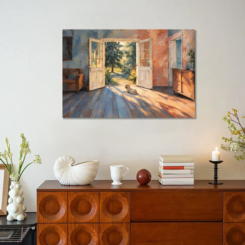 INVIN ART Framed Canvas 100% Handpainted Oil Painting Little Dog in the Doorway Light Wall Art