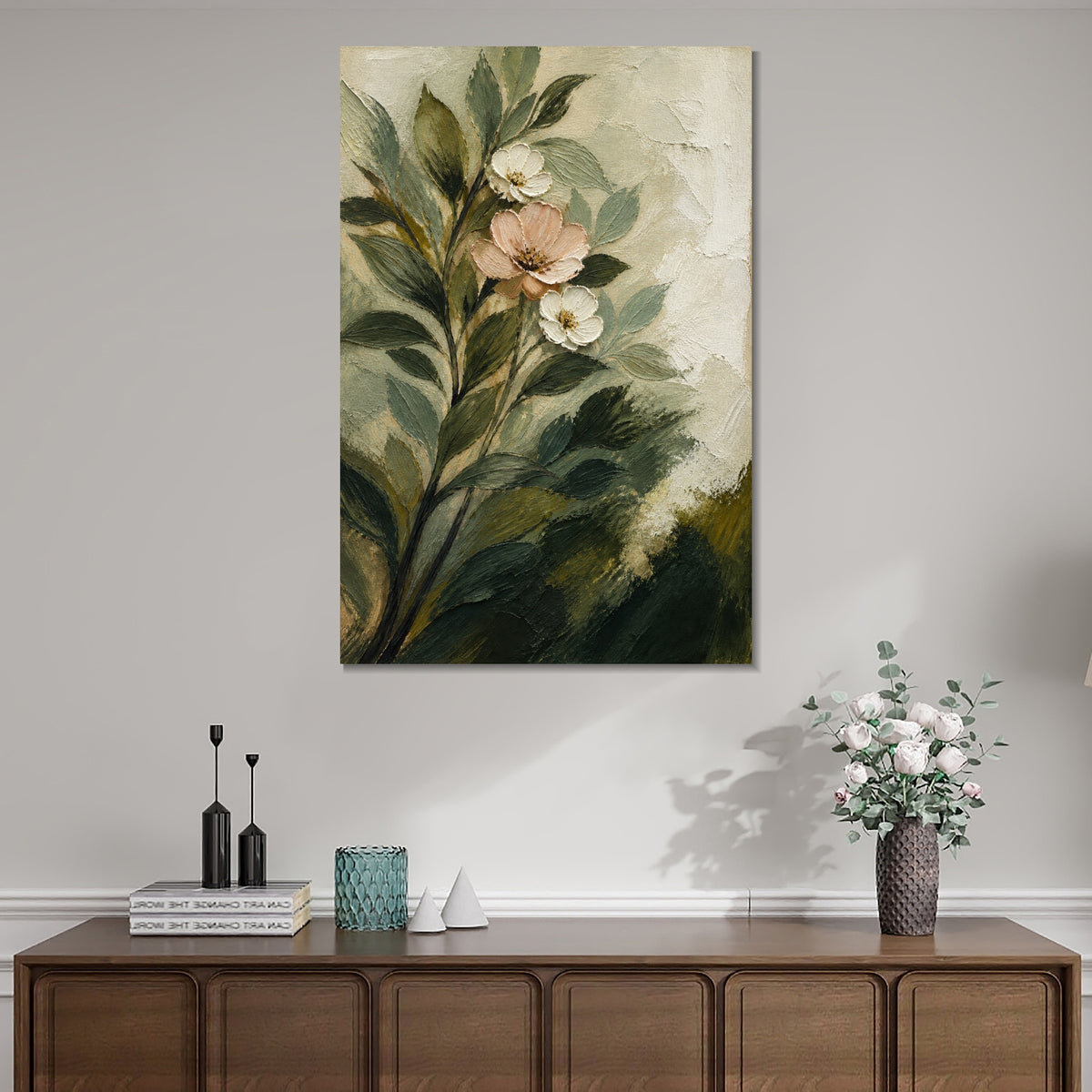 INVIN ART Framed Canvas 100% Handpainted Oil Painting Pale Blossoms Among Leaves Wall Art