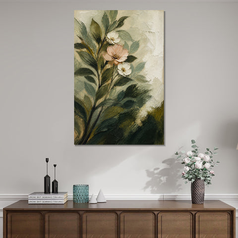 INVIN ART Framed Canvas 100% Handpainted Oil Painting Pale Blossoms Among Leaves Wall Art