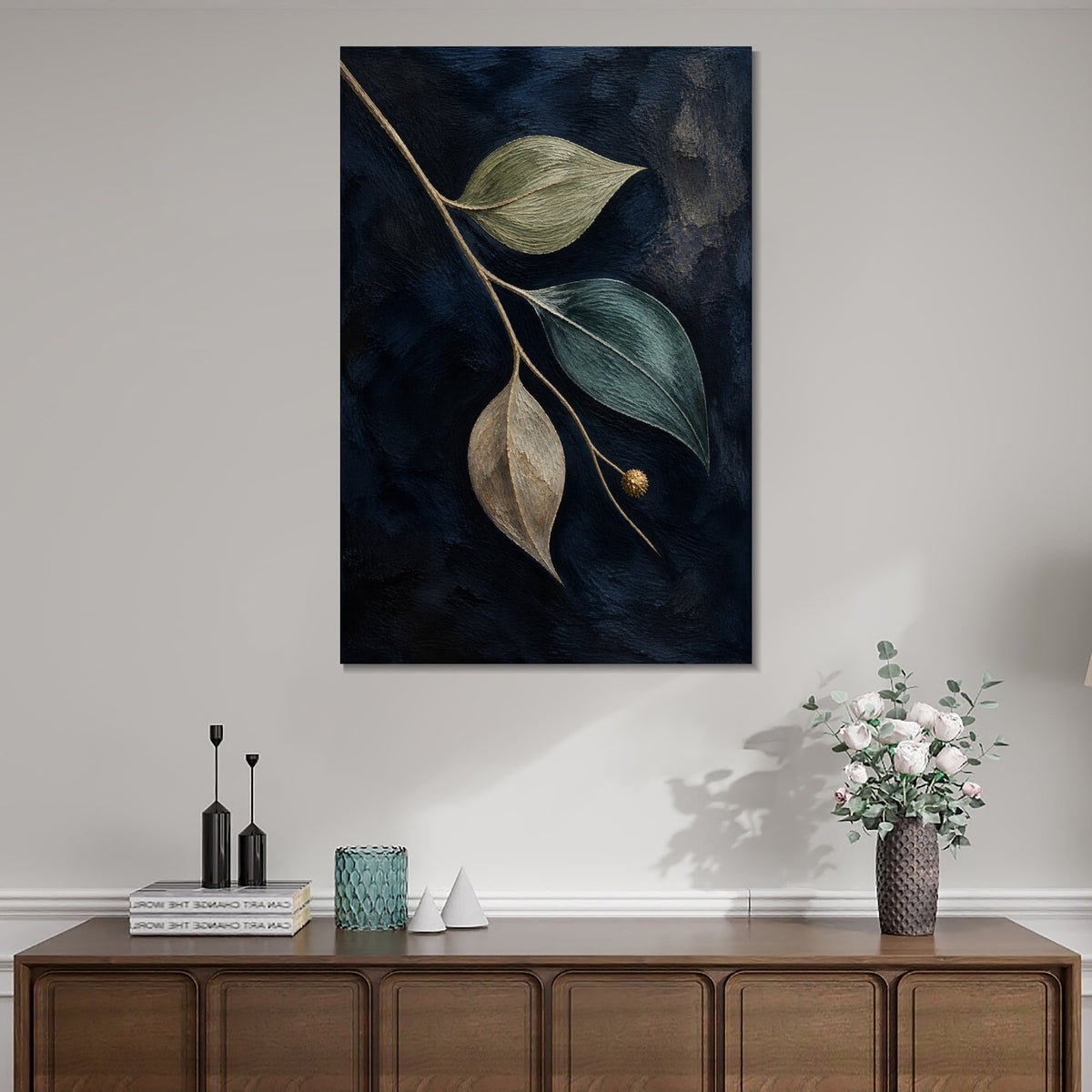 INVIN ART Framed Canvas 100% Handpainted Oil Painting Leaves Against Midnight Blue Wall Art