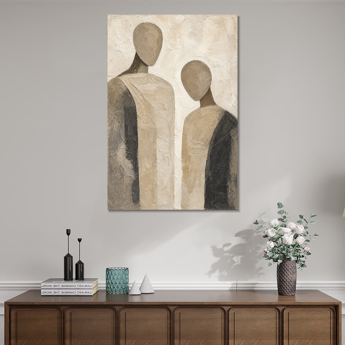 INVIN ART Framed Canvas 100% Handpainted Oil Painting Two Quiet Figures Wall Art