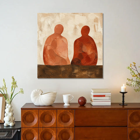 INVIN ART Framed Canvas 100% Handpainted Oil Painting Companions in Terracotta Wall Art