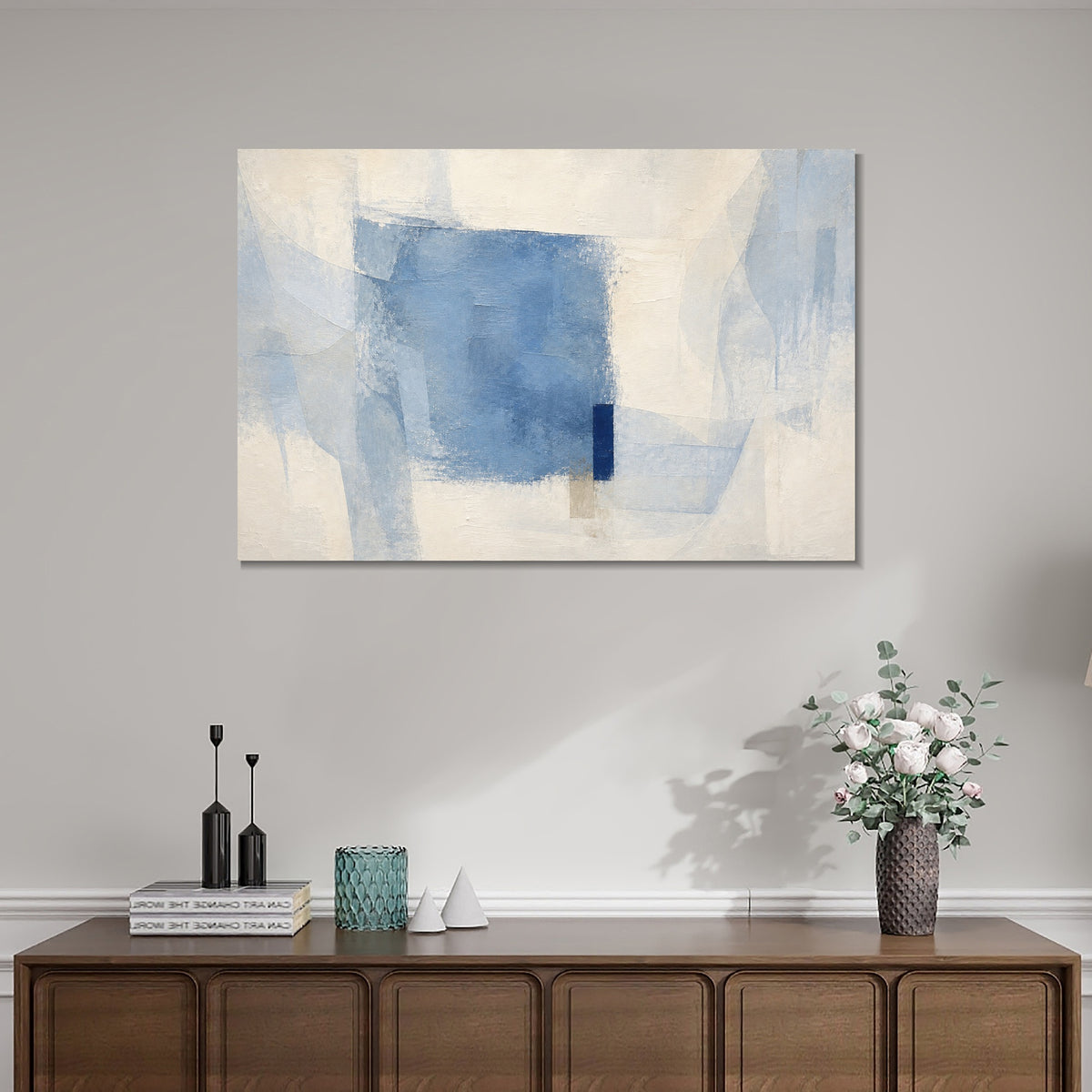 INVIN ART Framed Canvas 100% Handpainted Oil Painting Pale Blue Overlap Wall Art