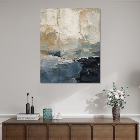 INVIN ART Framed Canvas 100% Handpainted Oil Painting Blue Gray Layered Shore Wall Art