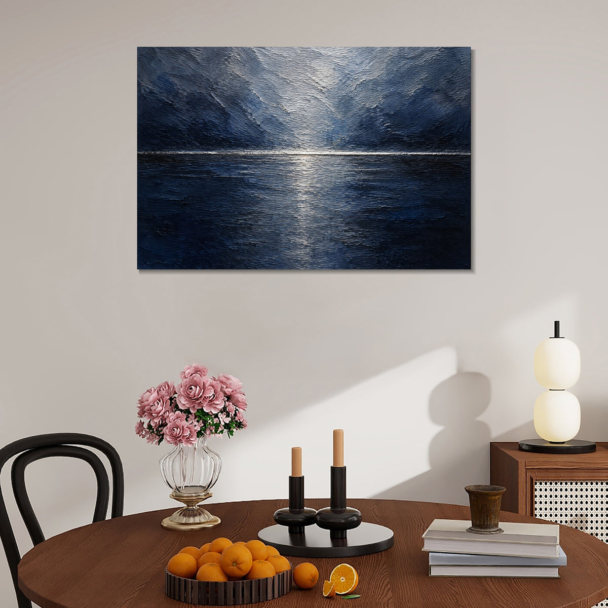 INVIN ART Framed Canvas 100% Handpainted Oil Painting Deep Blue Moonlit Lake Wall Art