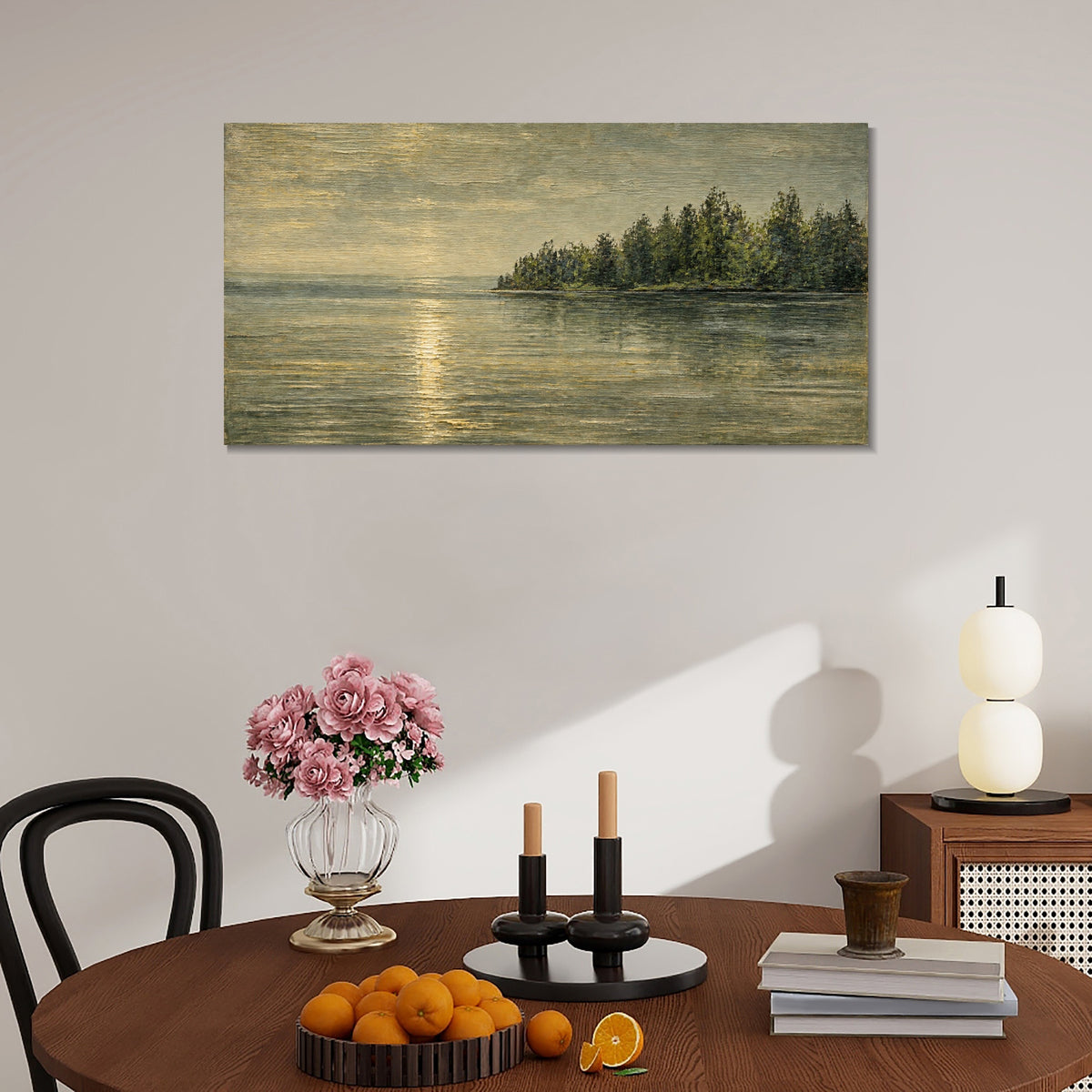 INVIN ART Framed Canvas 100% Handpainted Oil Painting Golden Light by the Forest Shore Wall Art