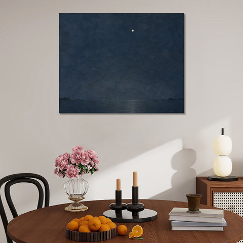 INVIN ART Framed Canvas 100% Handpainted Oil Painting One Light Above the Night Sea Wall Art