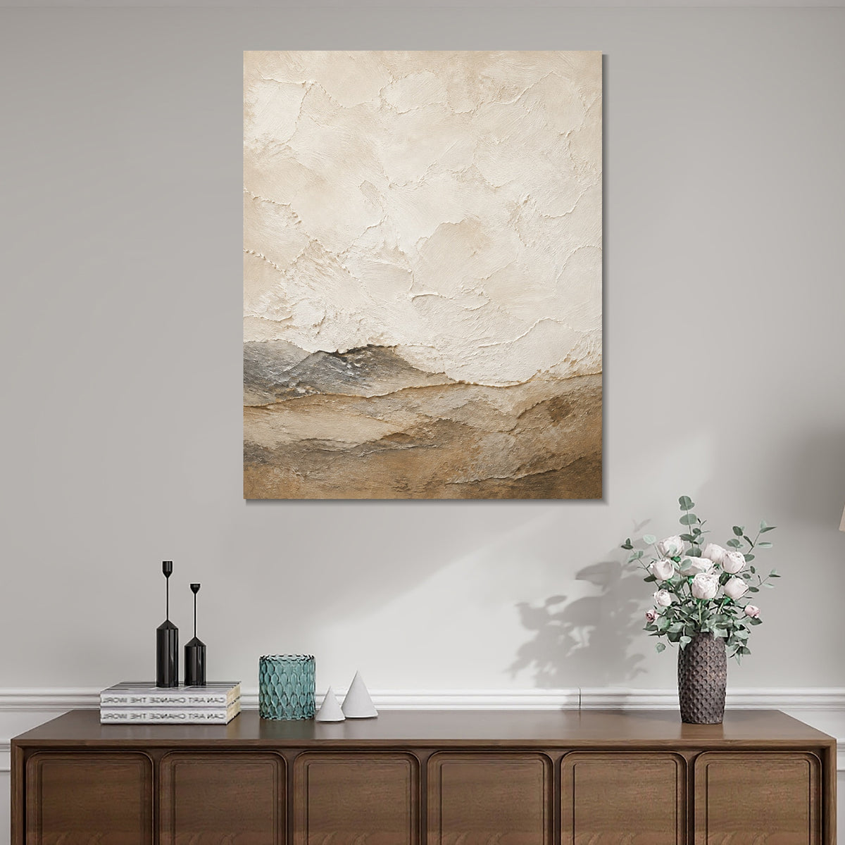 INVIN ART Framed Canvas 100% Handpainted Oil Painting White Clouds Above Low Hills Wall Art