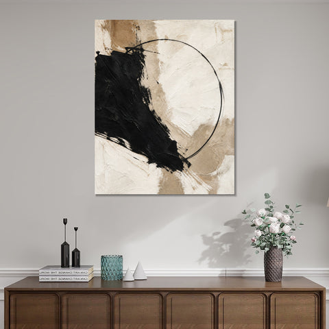 INVIN ART Framed Canvas 100% Handpainted Oil Painting Black Form and a Fine Circle Wall Art