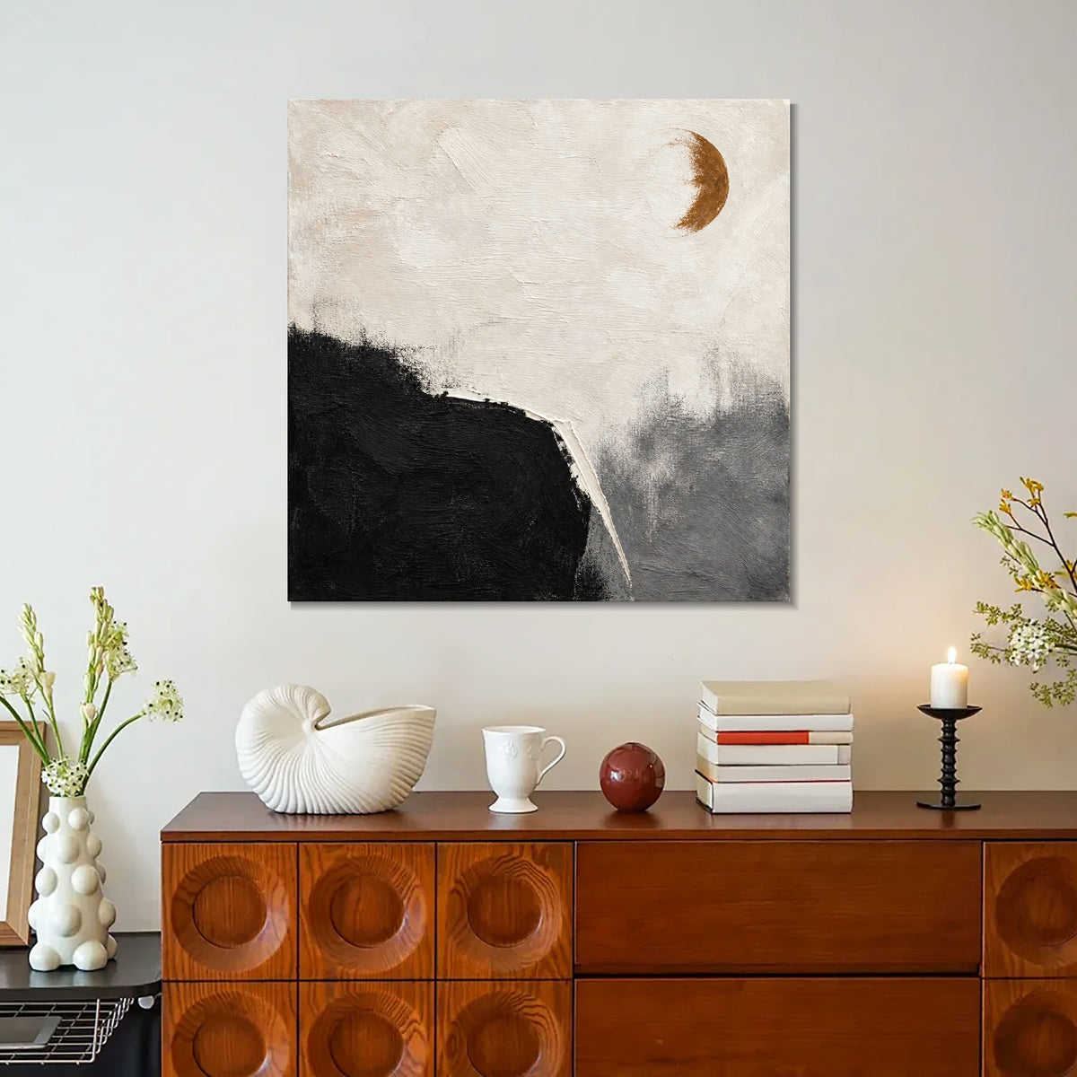 INVIN ART Framed Canvas 100% Handpainted Oil Painting Ochre Moon and Dark Shore Wall Art