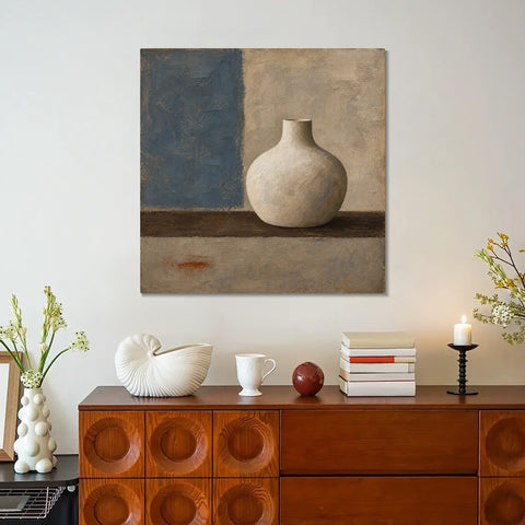 INVIN ART Framed Canvas 100% Handpainted Oil Painting Pale Vase Against Blue Wall Art